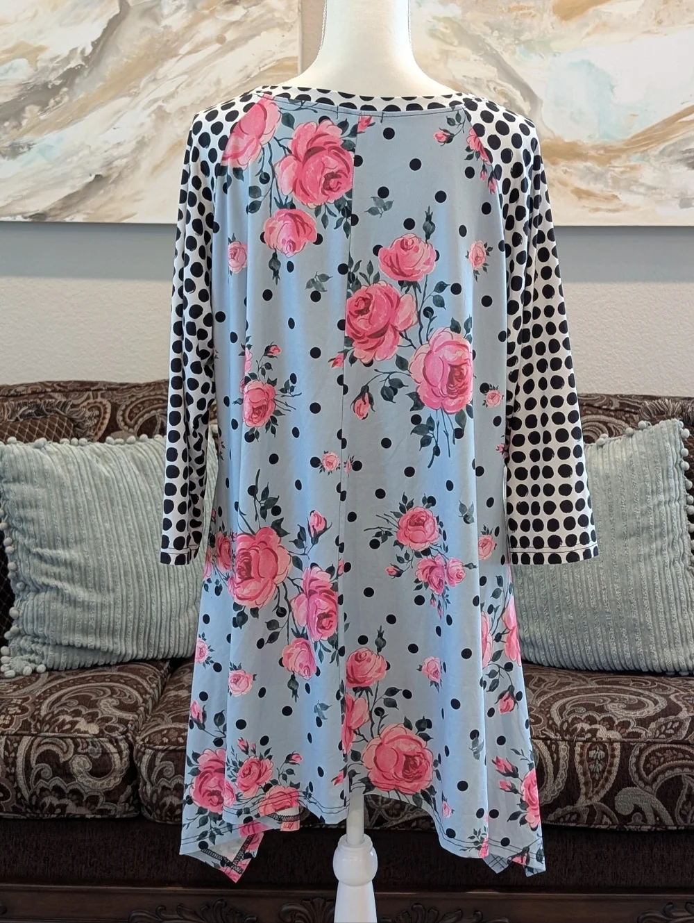 Floral & Polka Dot Shark Bite Tunic - Pink Roses on Light Blue - Picture 2 of 2